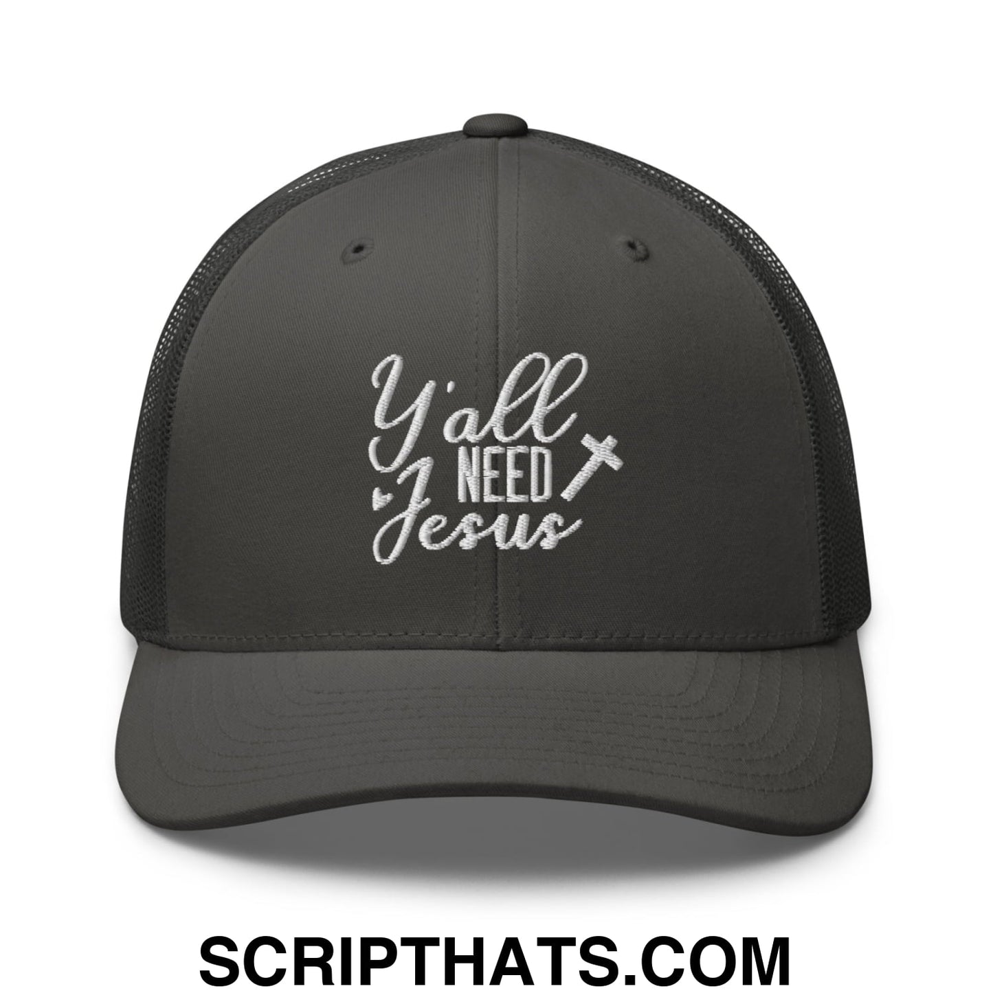 Y'all Need Jesus Jesus Embroidered Mesh Trucker Hat Charcoal