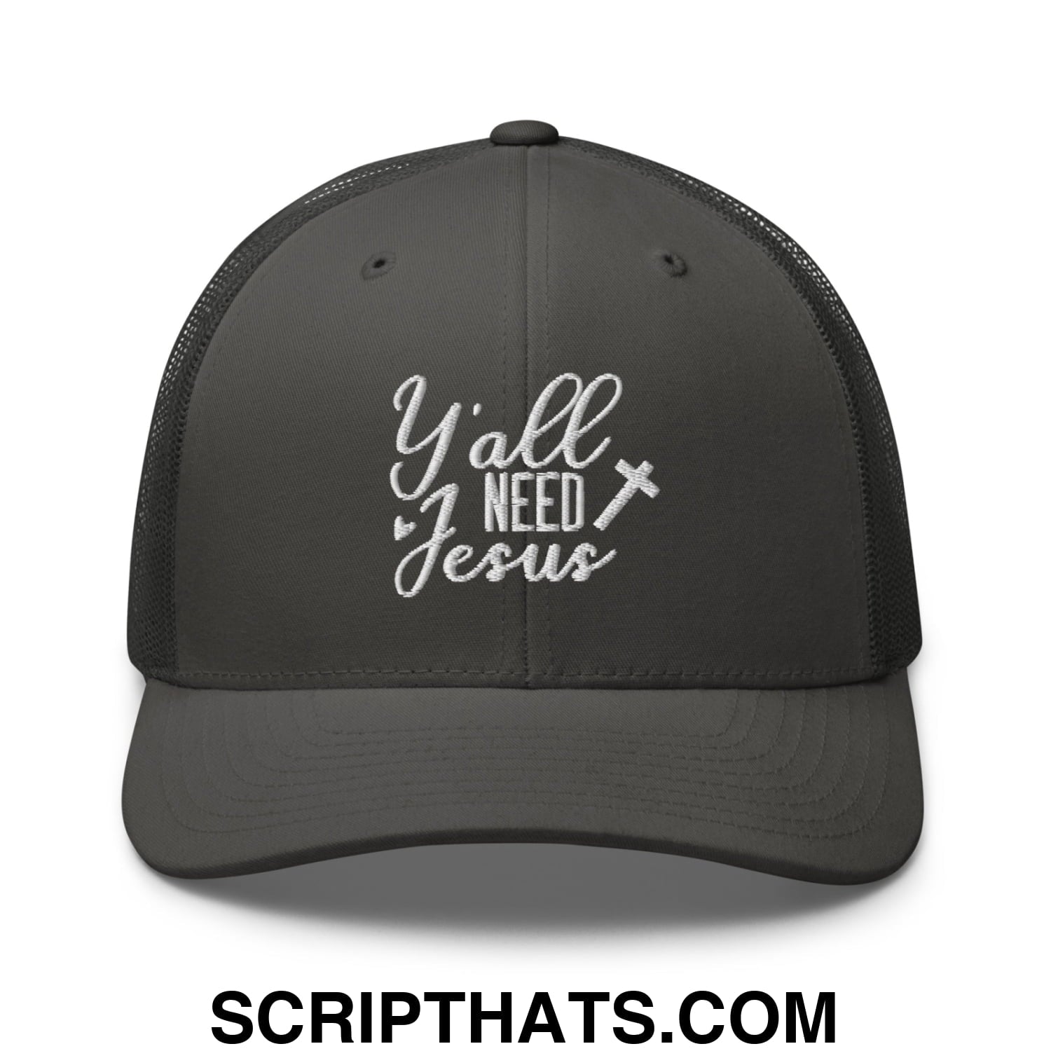 Y'all Need Jesus Jesus Embroidered Mesh Trucker Hat Charcoal