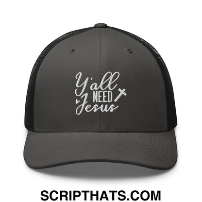 Y'all Need Jesus Jesus Embroidered Mesh Trucker Hat Charcoal Black