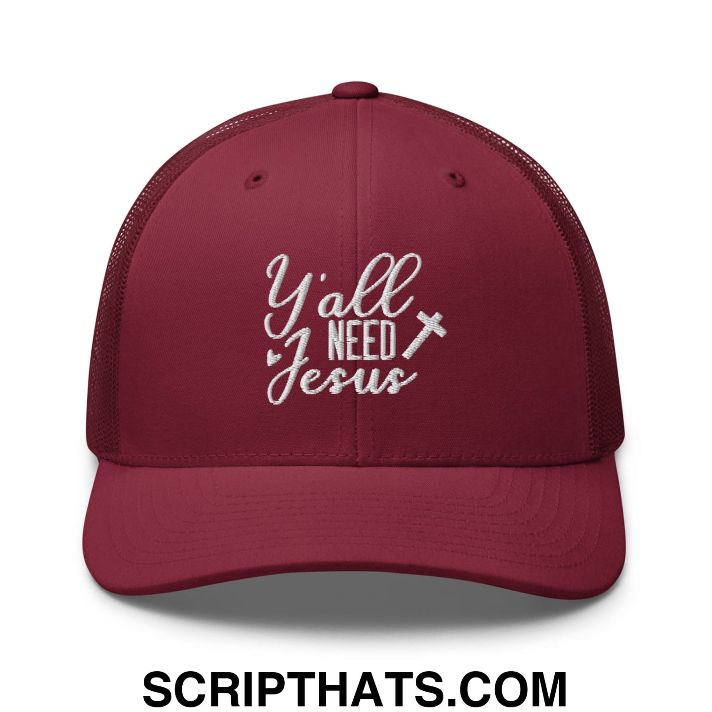 Y'all Need Jesus Jesus Embroidered Mesh Trucker Hat Cranberry
