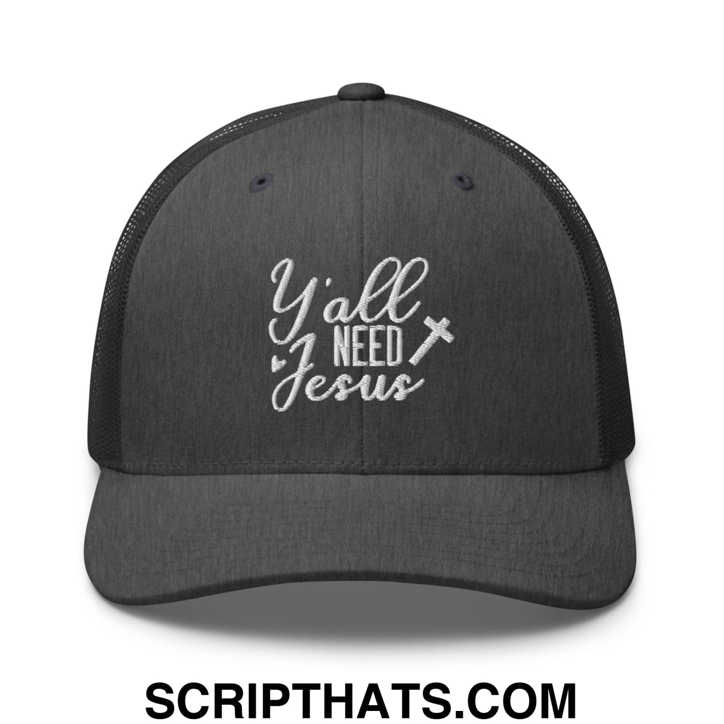 Y'all Need Jesus Jesus Embroidered Mesh Trucker Hat Dark Heather Gray