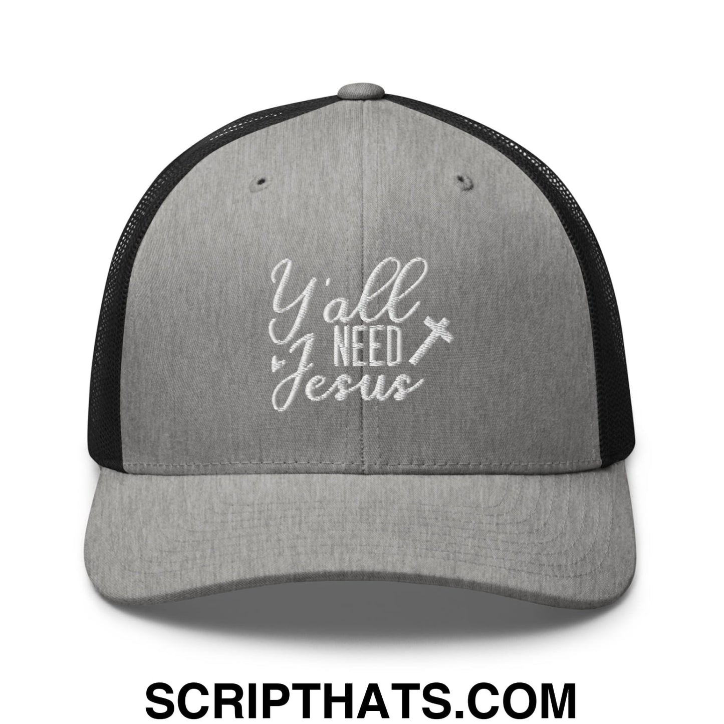 Y'all Need Jesus Jesus Embroidered Mesh Trucker Hat Heather Black