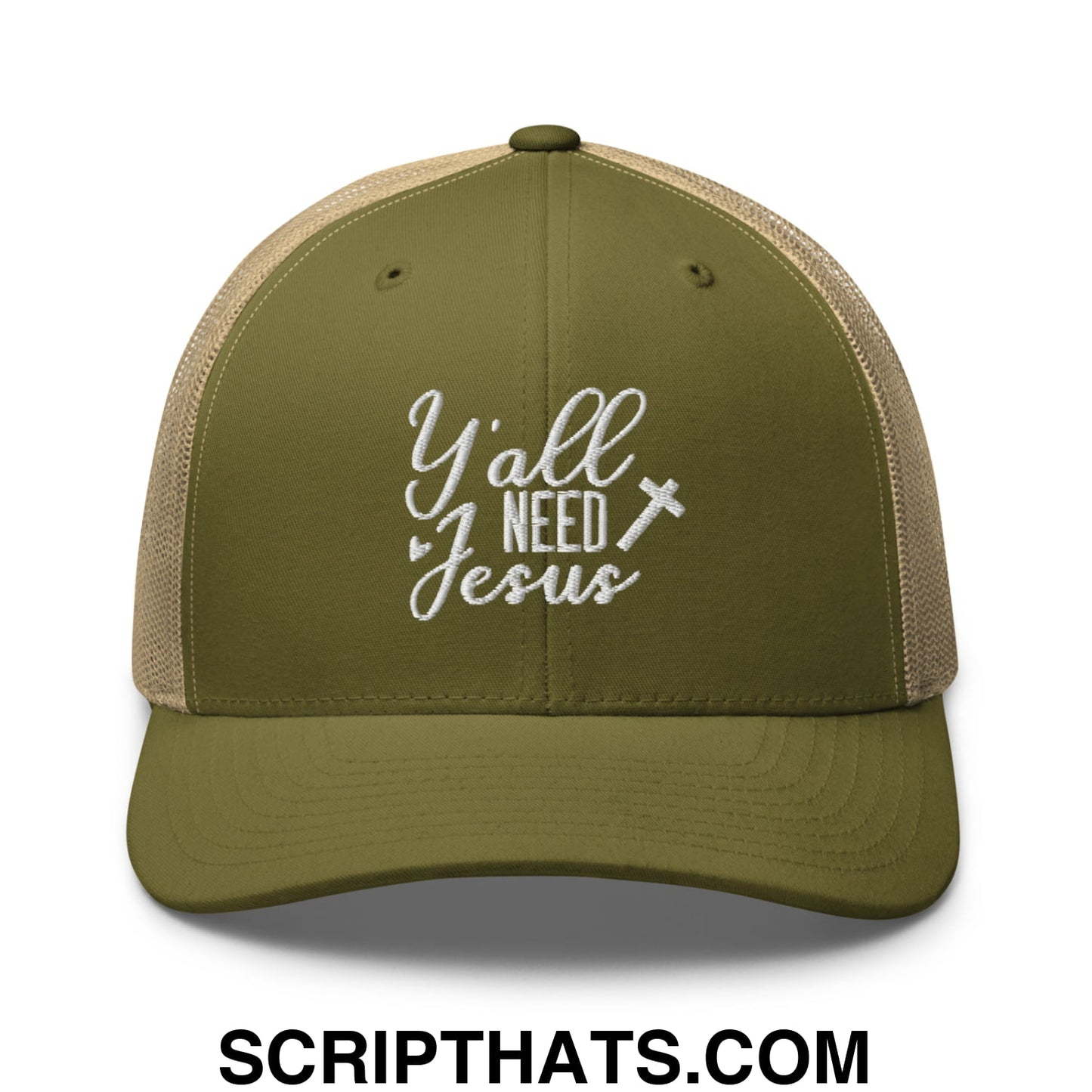 Y'all Need Jesus Jesus Embroidered Mesh Trucker Hat Moss Khaki
