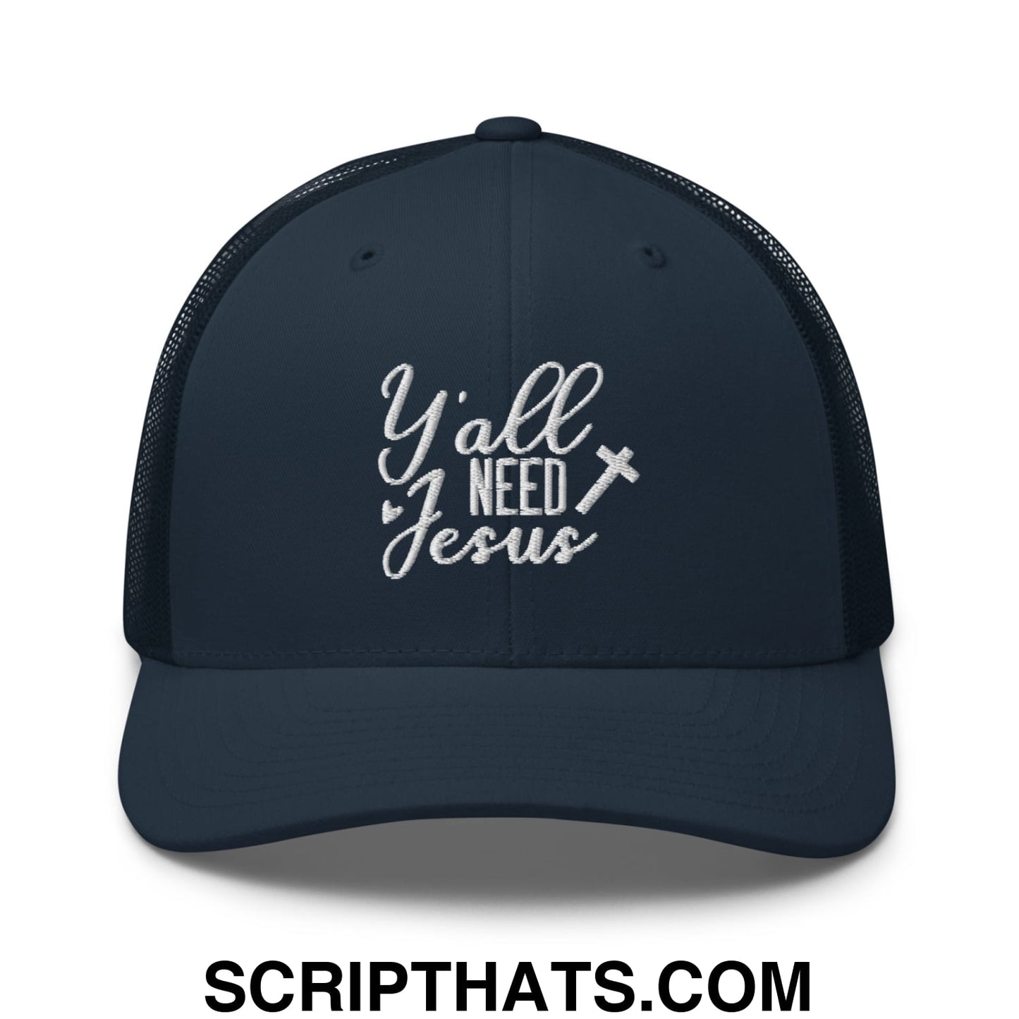Y'all Need Jesus Jesus Embroidered Mesh Trucker Hat Navy