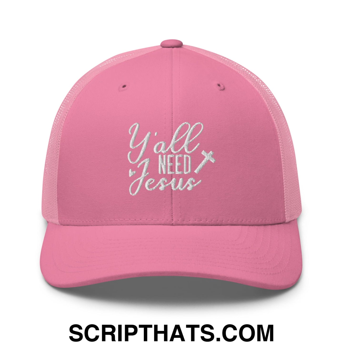 Y'all Need Jesus Jesus Embroidered Mesh Trucker Hat Pink