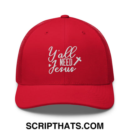 Y'all Need Jesus Jesus Embroidered Mesh Trucker Hat Red