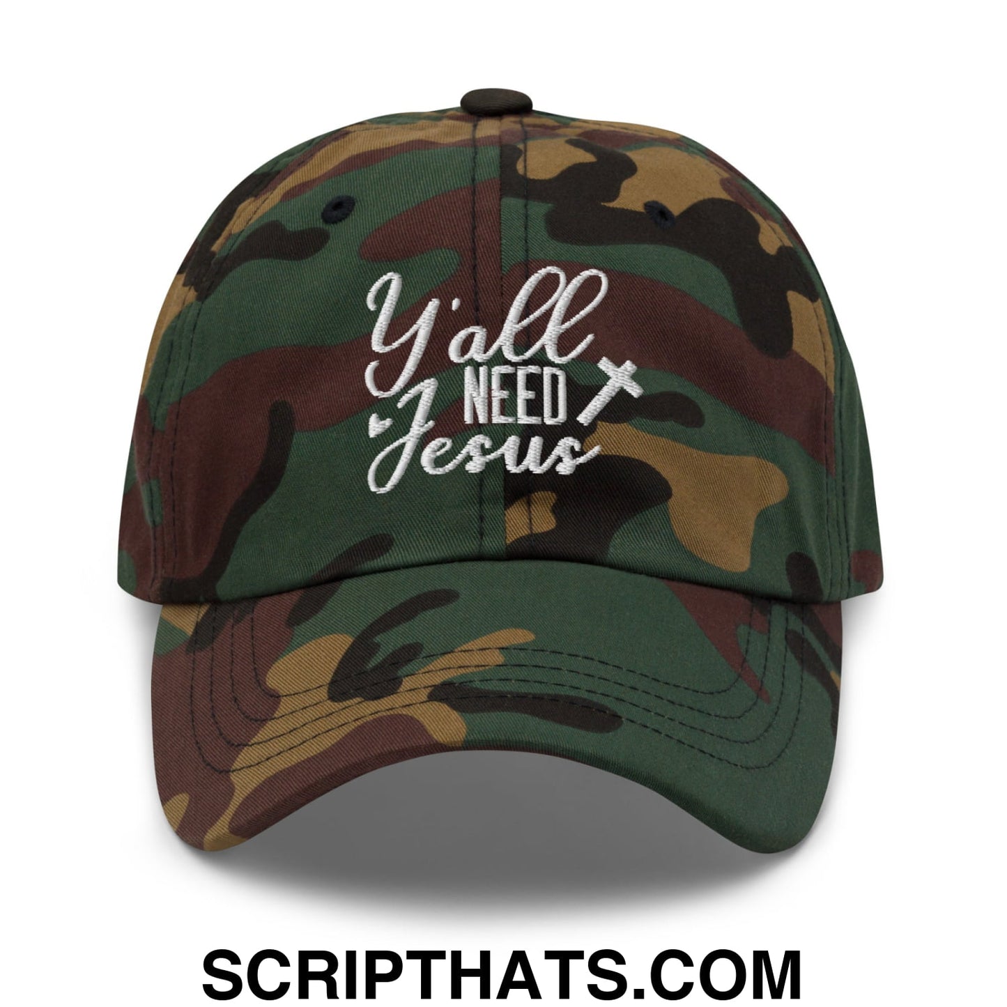 Y'all Need Jesus Embroidered Unstructured Dad Hat Green Camo