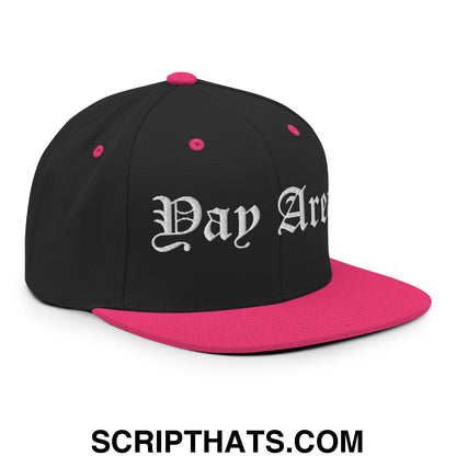 Yay Area Old English Embroidered Flat Bill Brim Snapback Hat Black Neon Pink