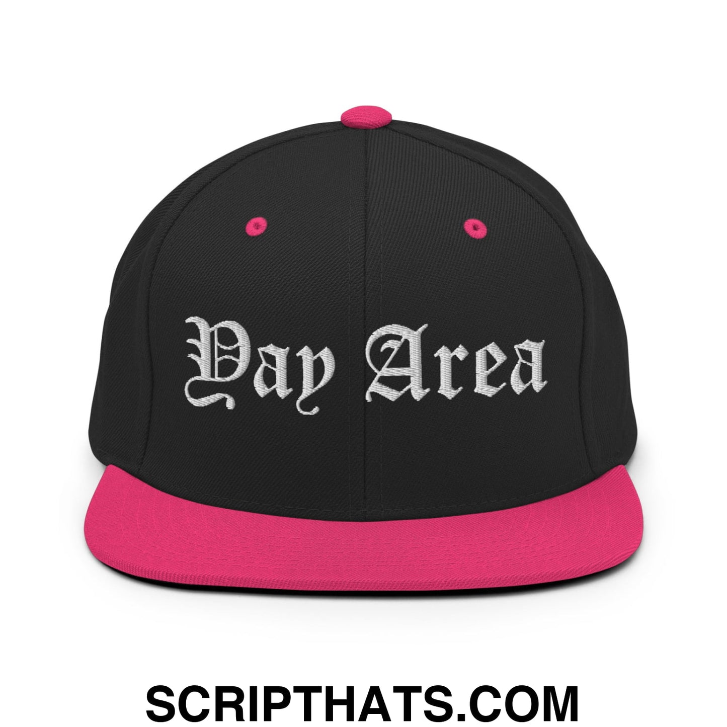Yay Area Old English Embroidered Flat Bill Brim Snapback Hat Black Neon Pink