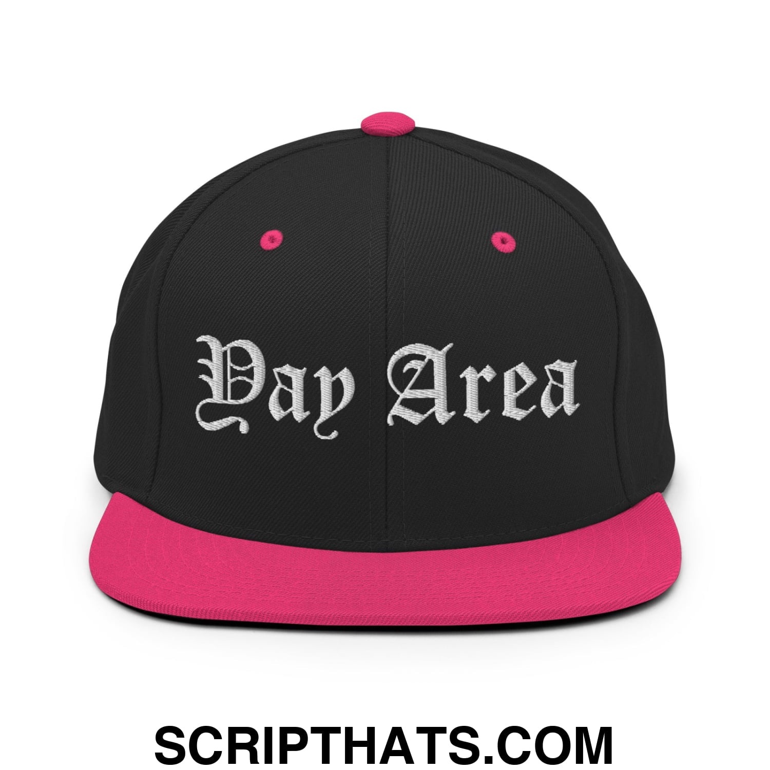 Yay Area Old English Embroidered Flat Bill Brim Snapback Hat Black Neon Pink
