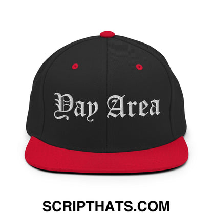 Yay Area Old English Embroidered Flat Bill Brim Snapback Hat Black Red