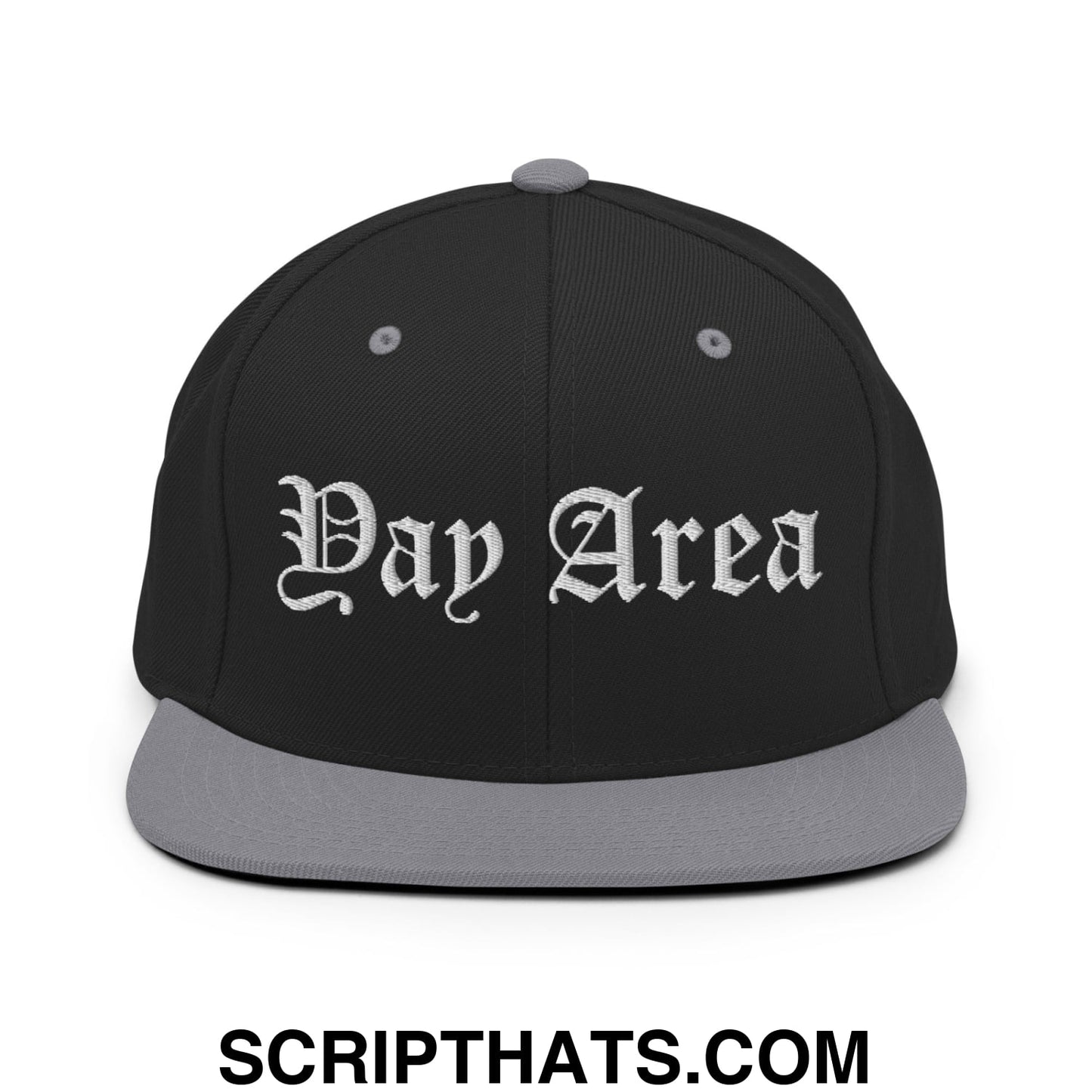Yay Area Old English Embroidered Flat Bill Brim Snapback Hat Black Silver