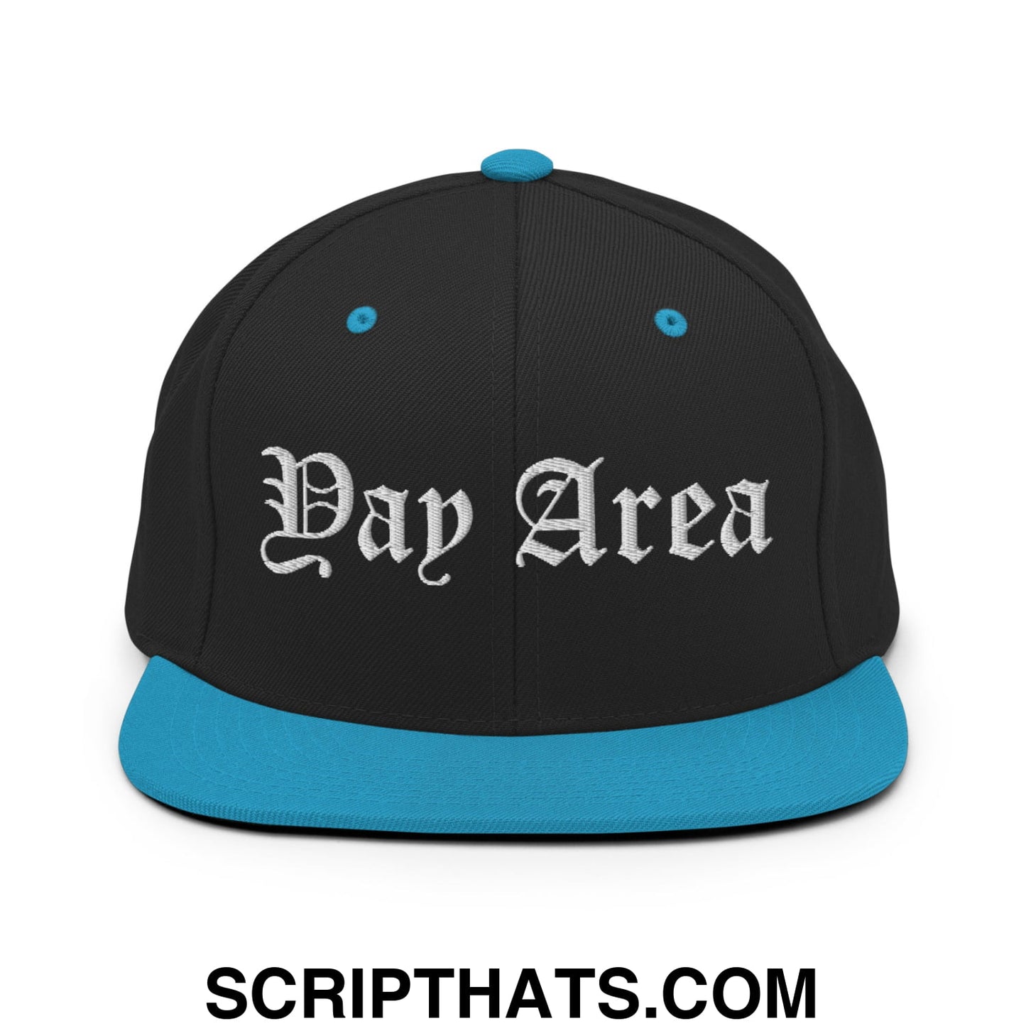Yay Area Old English Embroidered Flat Bill Brim Snapback Hat Black Teal