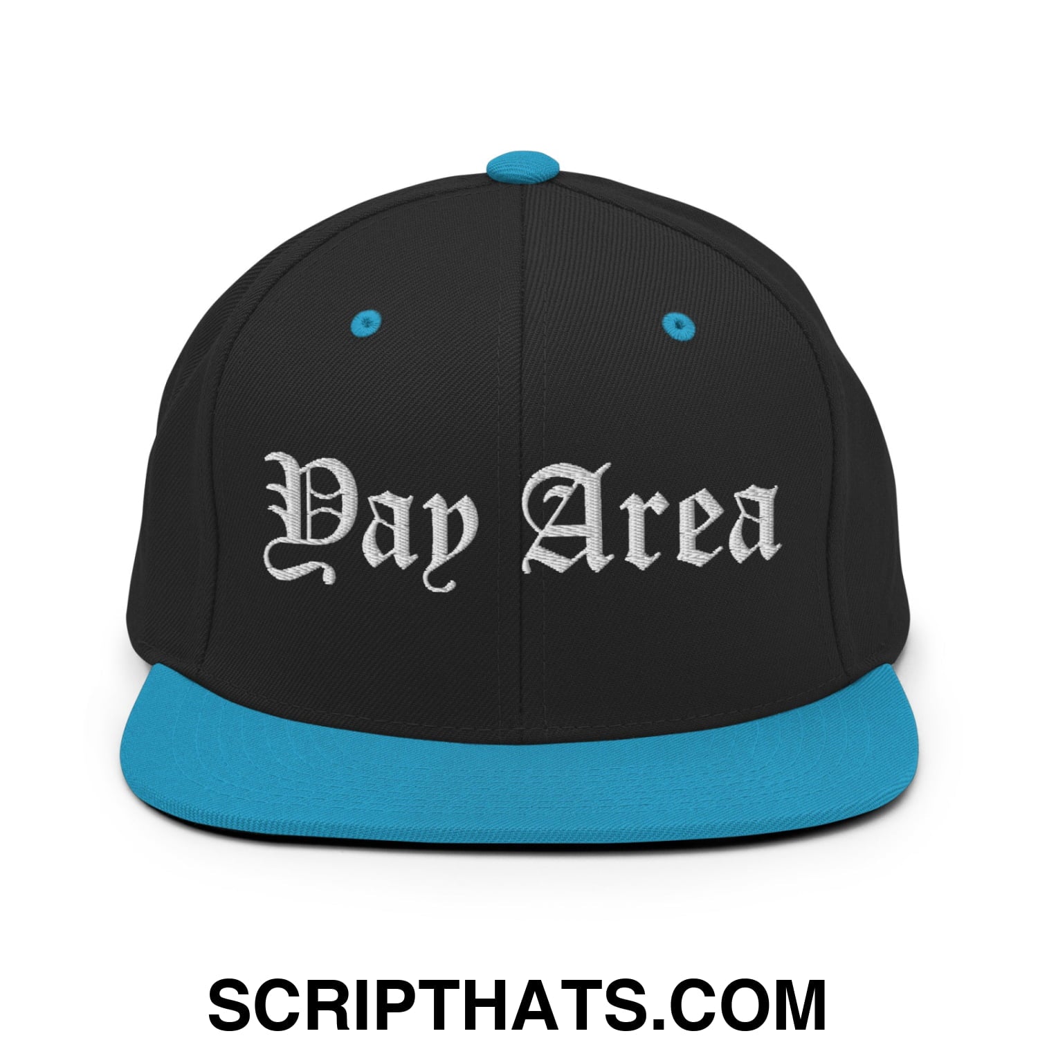 Yay Area Old English Embroidered Flat Bill Brim Snapback Hat Black Teal