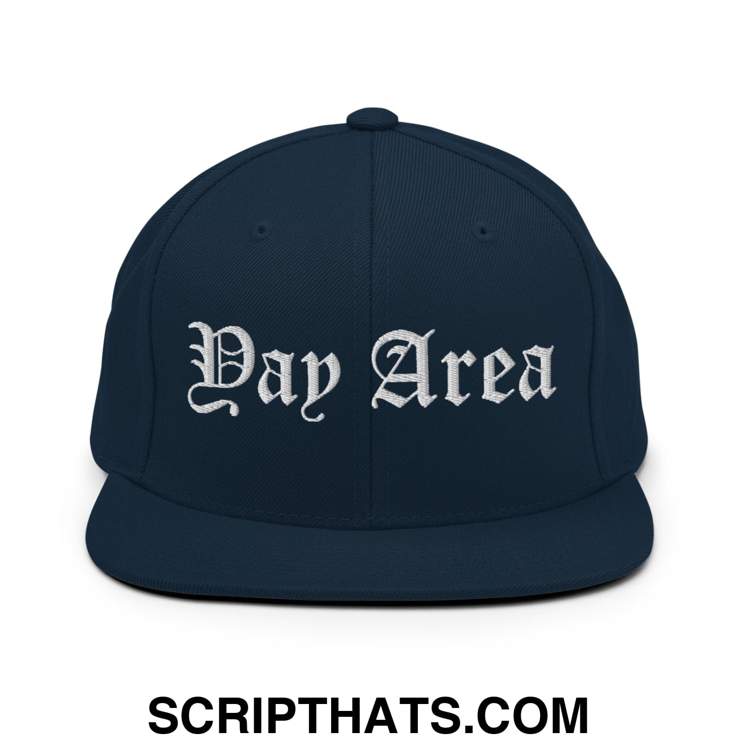 Yay Area Old English Embroidered Flat Bill Brim Snapback Hat Dark Navy