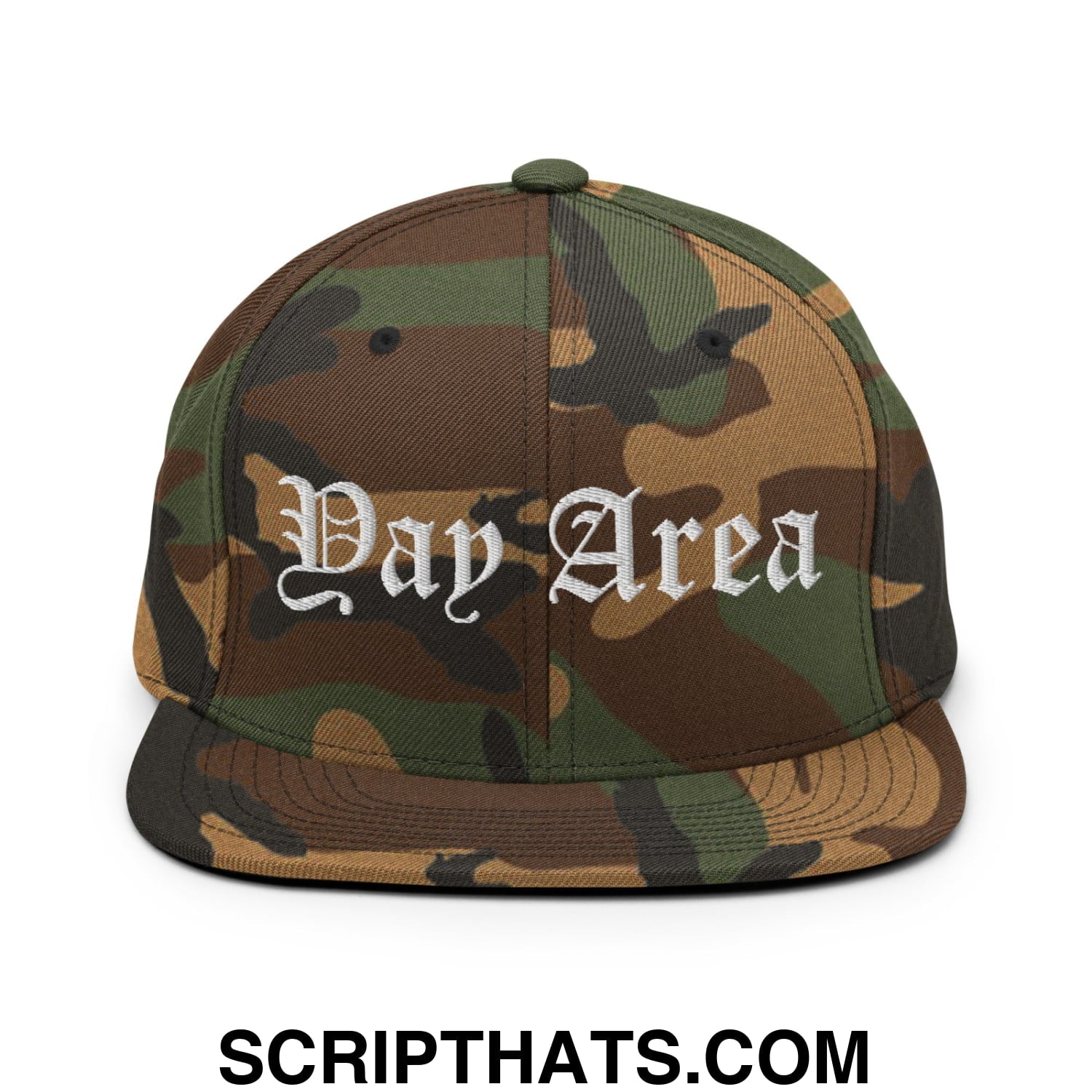 Yay Area Old English Embroidered Flat Bill Brim Snapback Hat Green Camo