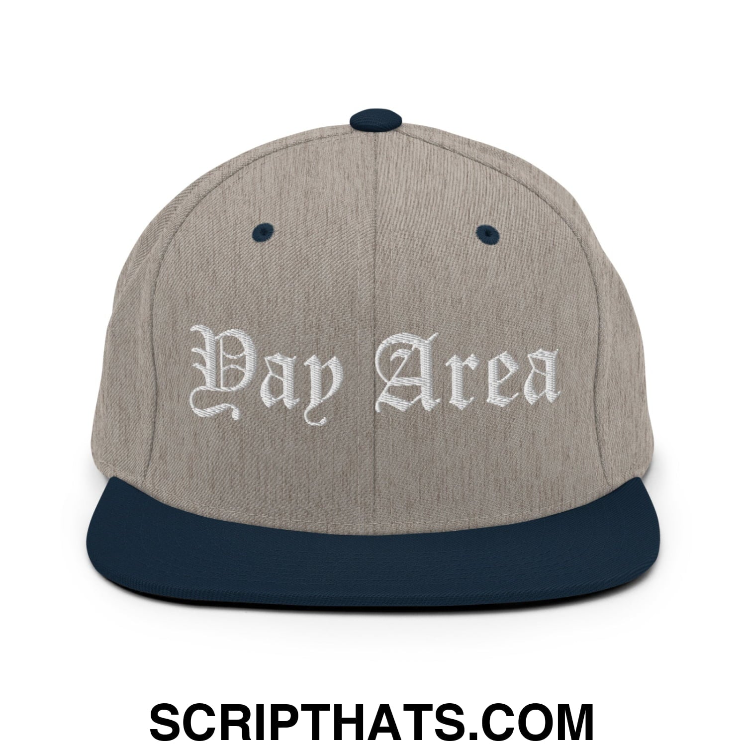 Yay Area Old English Embroidered Flat Bill Brim Snapback Hat Heather Grey Navy