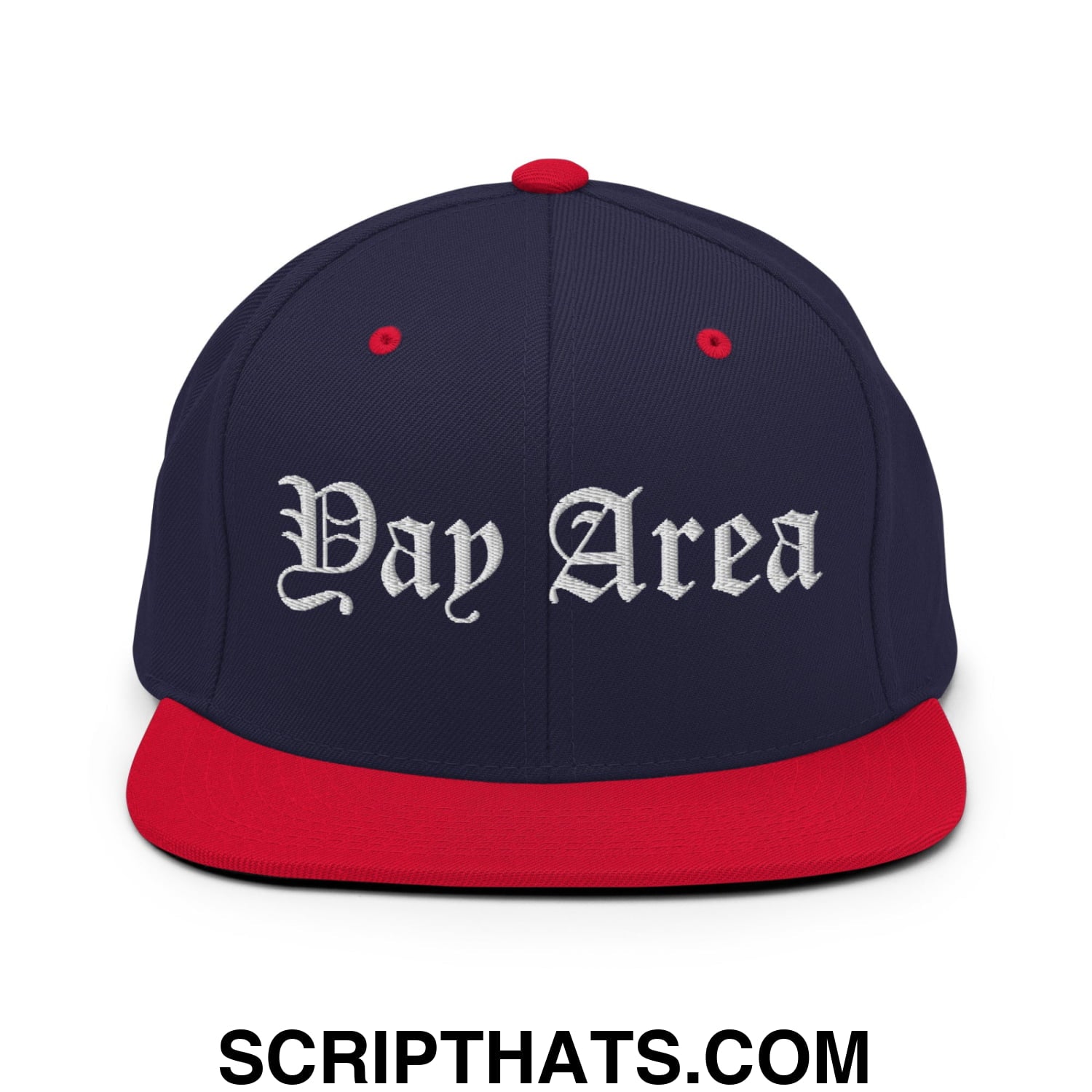 Yay Area Old English Embroidered Flat Bill Brim Snapback Hat Navy Red