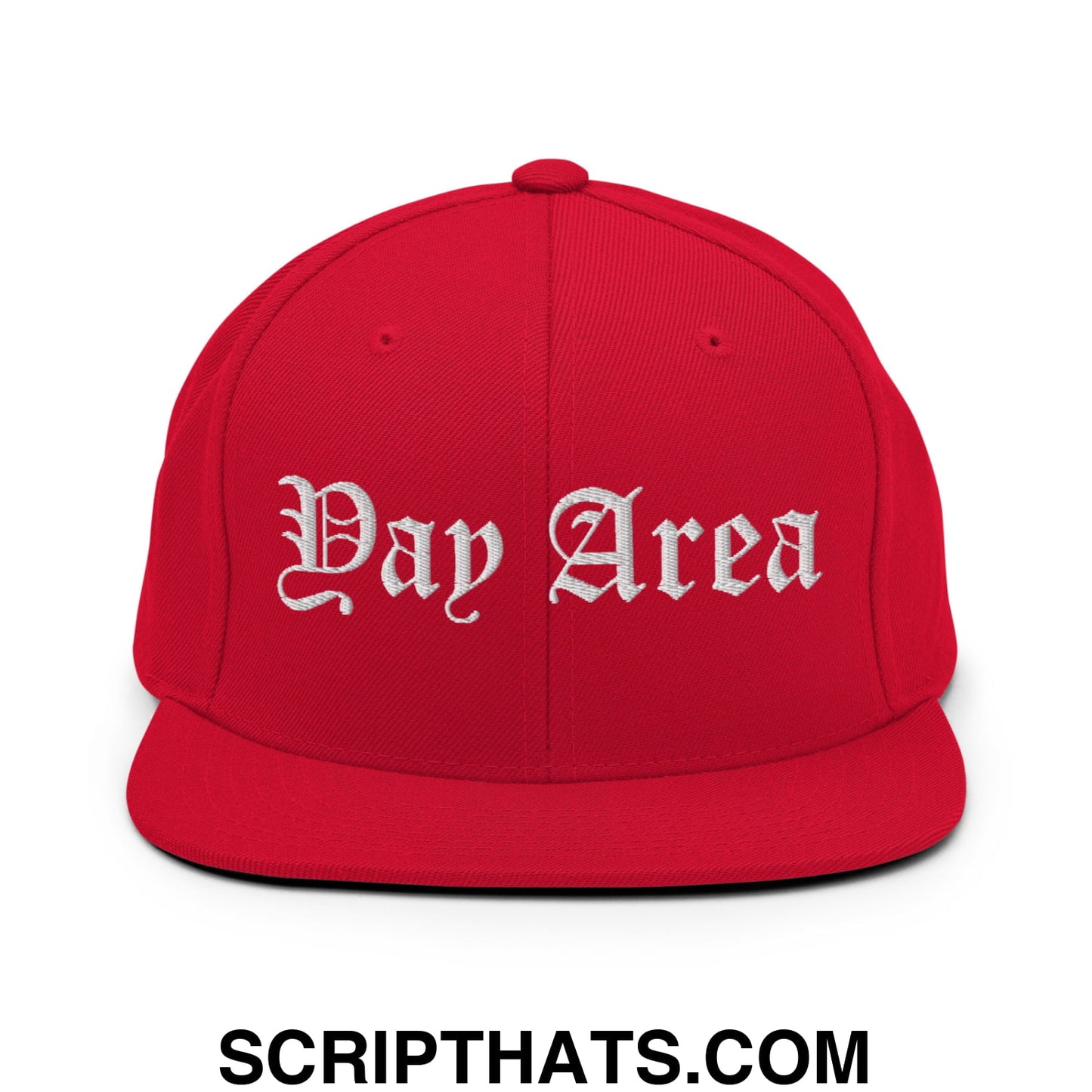 Yay Area Old English Embroidered Flat Bill Brim Snapback Hat Red