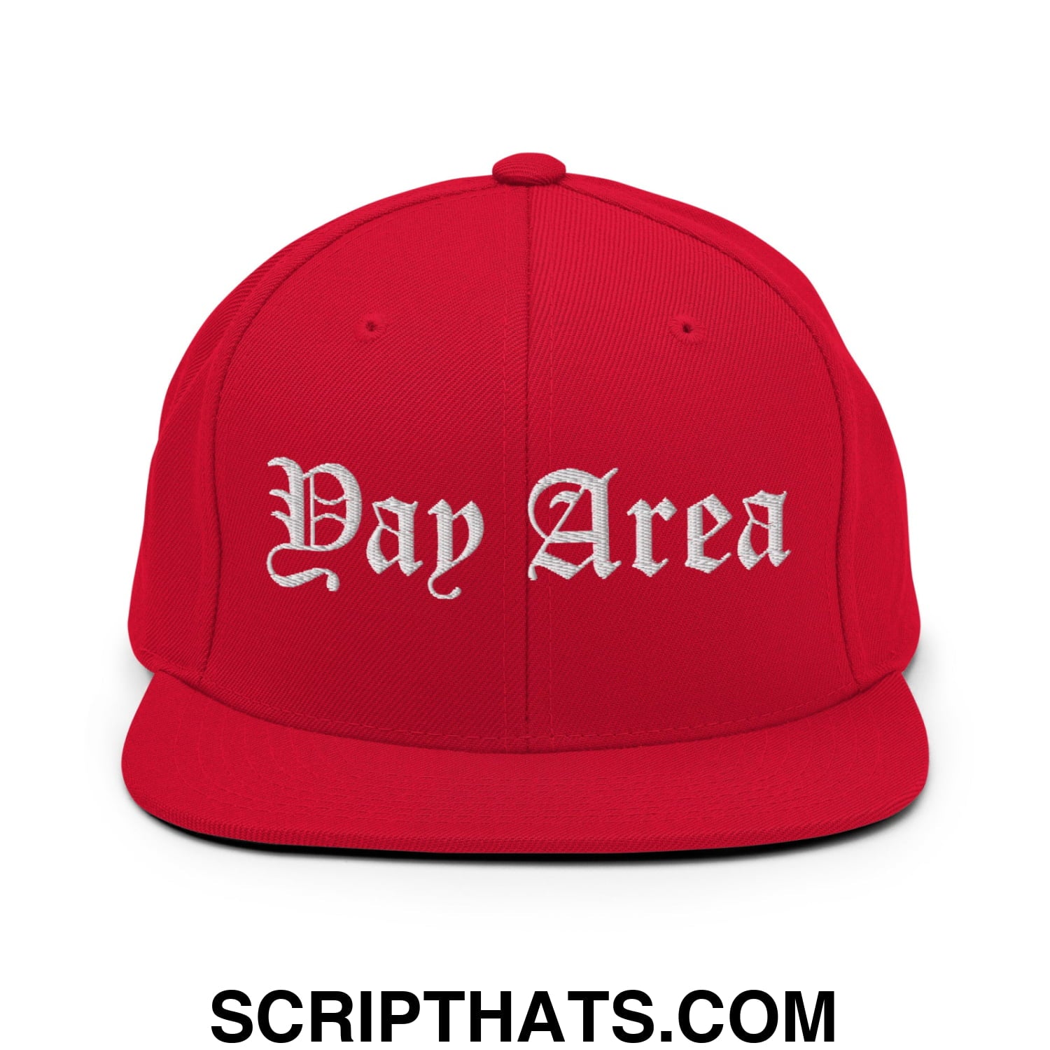 Yay Area Old English Embroidered Flat Bill Brim Snapback Hat Red