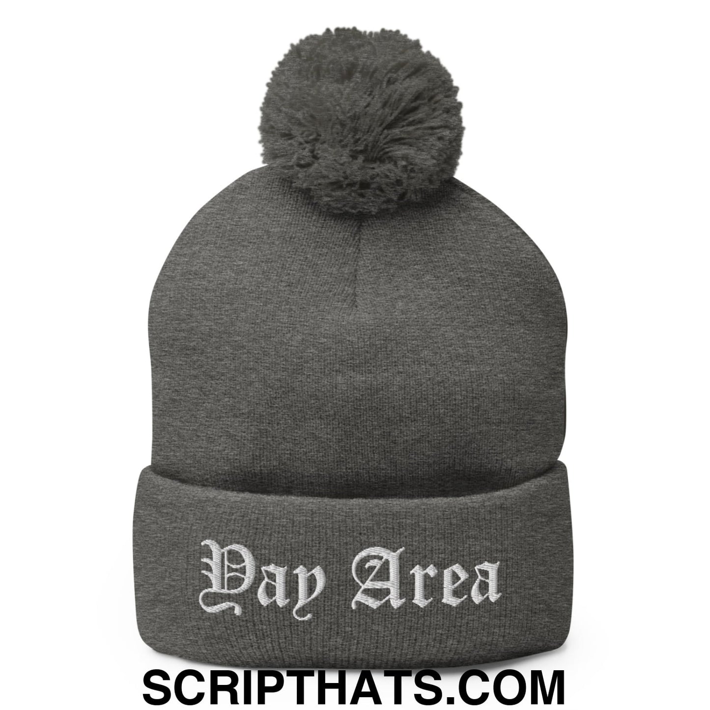 Yay Area Old English Embroidered Knit Pom Pom Beanie Dark Heather Grey