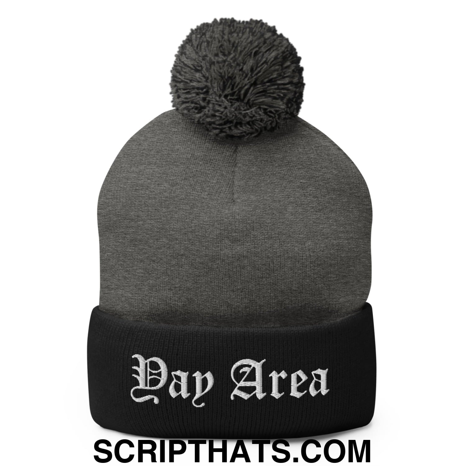 Yay Area Old English Embroidered Knit Pom Pom Beanie Dark Heather Grey Black