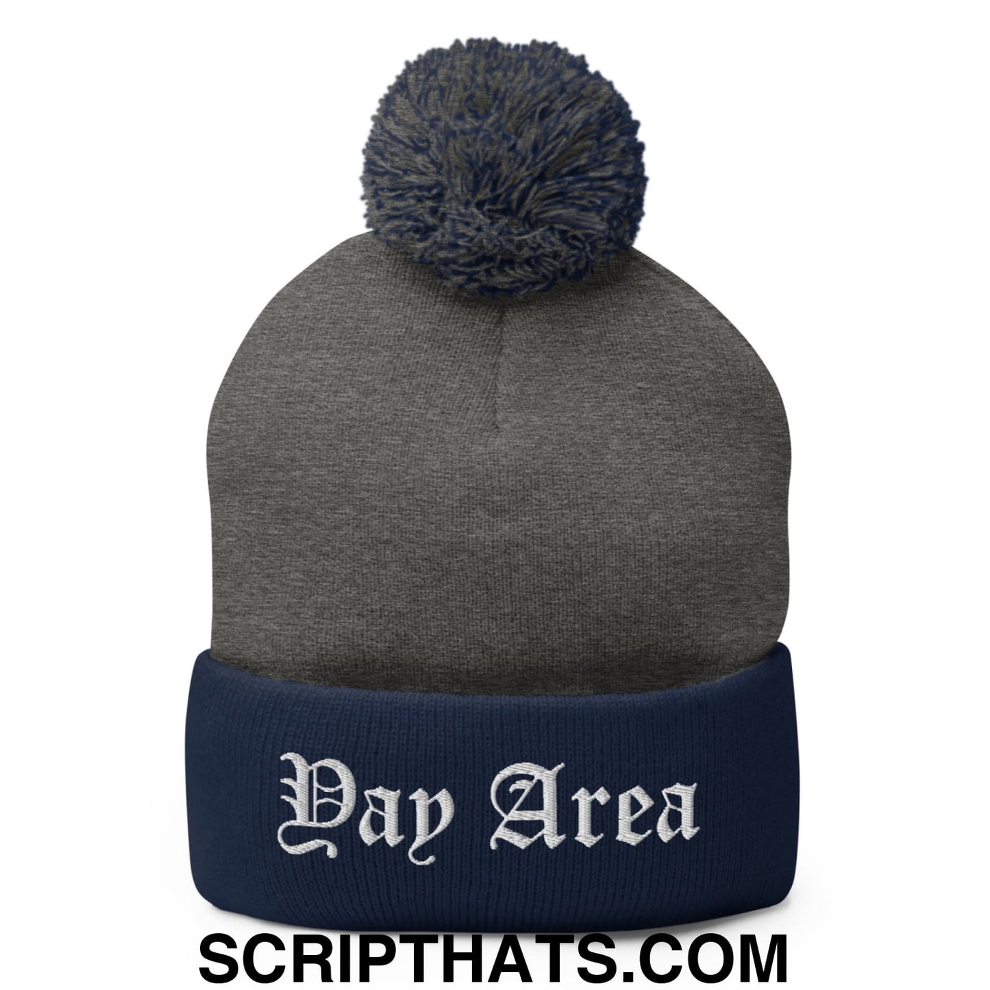 Yay Area Old English Embroidered Knit Pom Pom Beanie Dark Heather Grey Navy