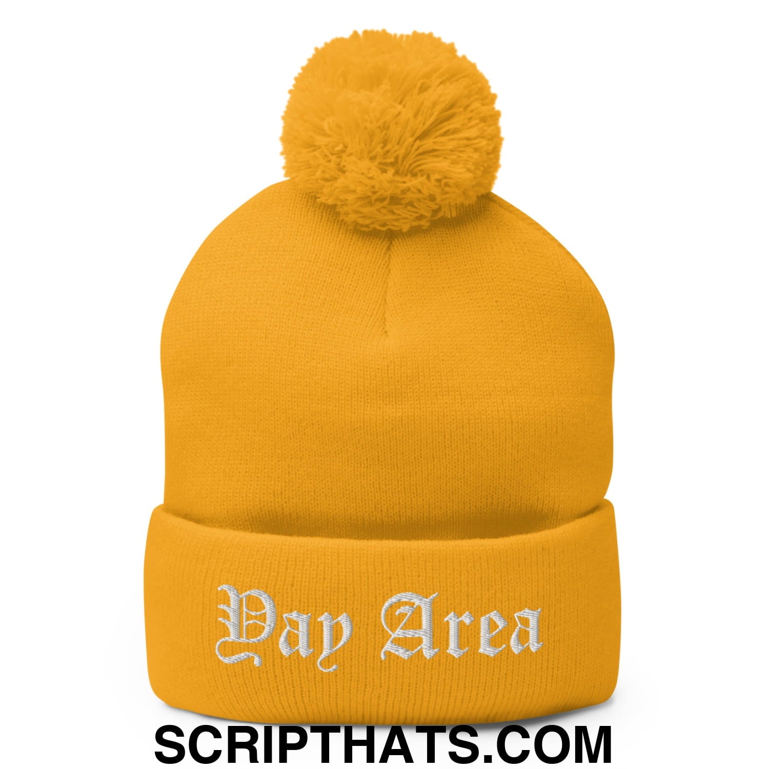 Yay Area Old English Embroidered Knit Pom Pom Beanie Gold