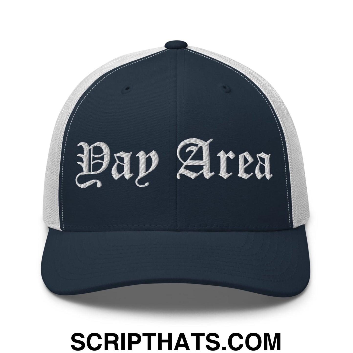 Yay Area Old English Embroidered Mesh Trucker Hat Navy White