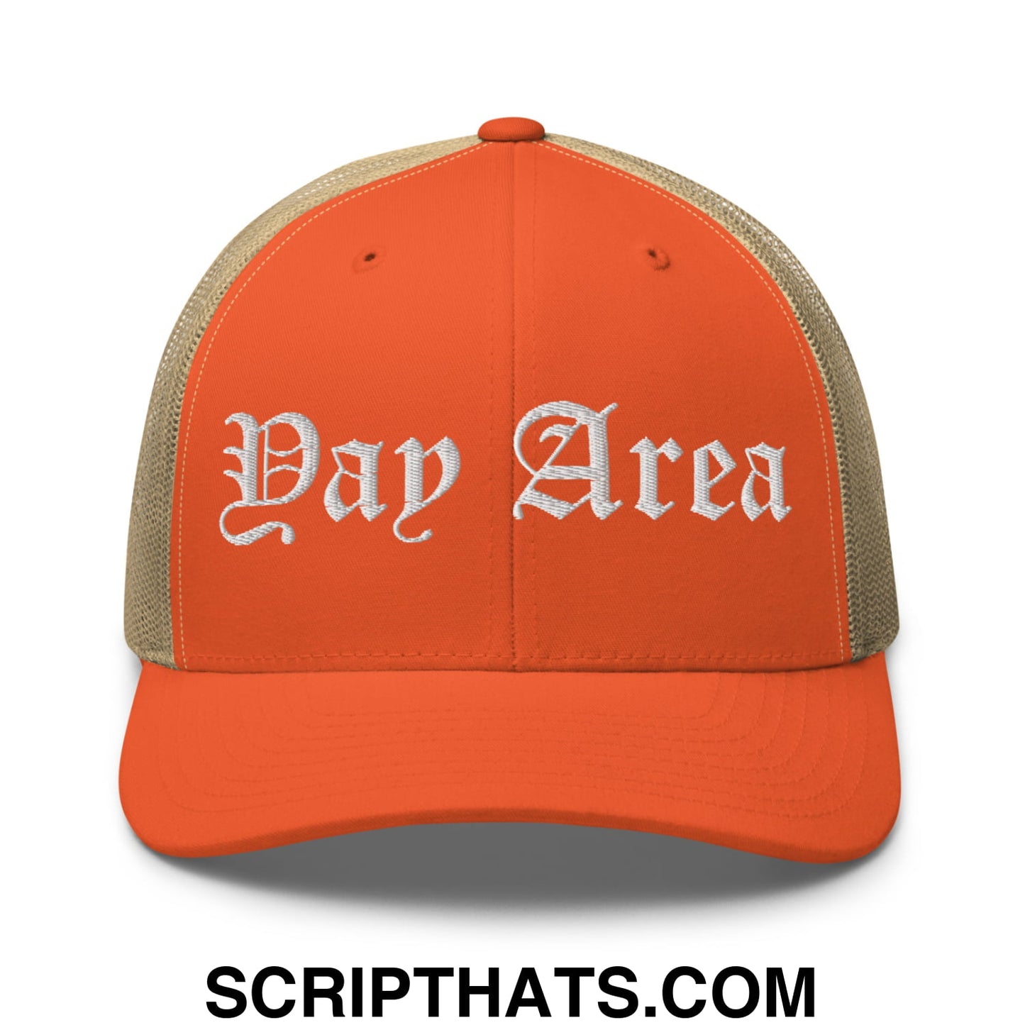 Yay Area Old English Embroidered Mesh Trucker Hat Rustic Orange Khaki