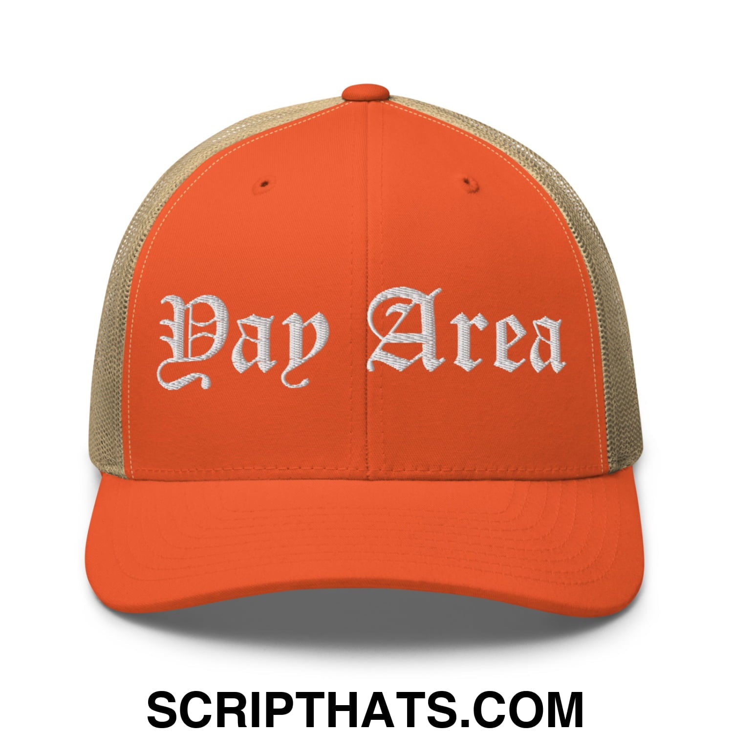 Yay Area Old English Embroidered Mesh Trucker Hat Rustic Orange Khaki