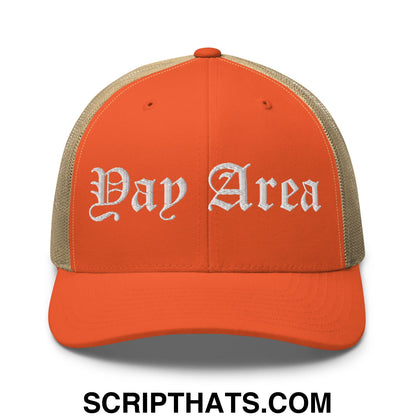 Yay Area Old English Embroidered Mesh Trucker Hat Rustic Orange Khaki