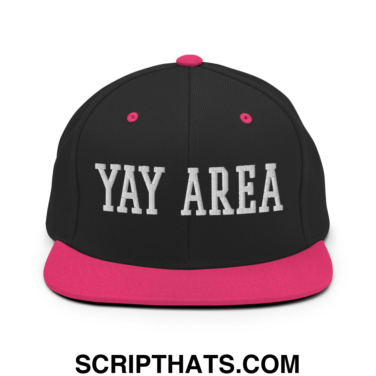 Yay Area Varsity College Block Embroidered Flat Bill Brim Snapback Hat Black Neon Pink