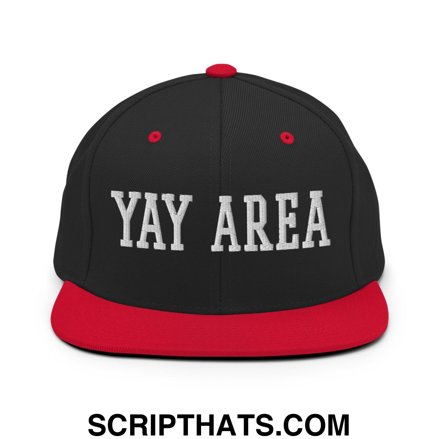 Yay Area Varsity College Block Embroidered Flat Bill Brim Snapback Hat Black Red