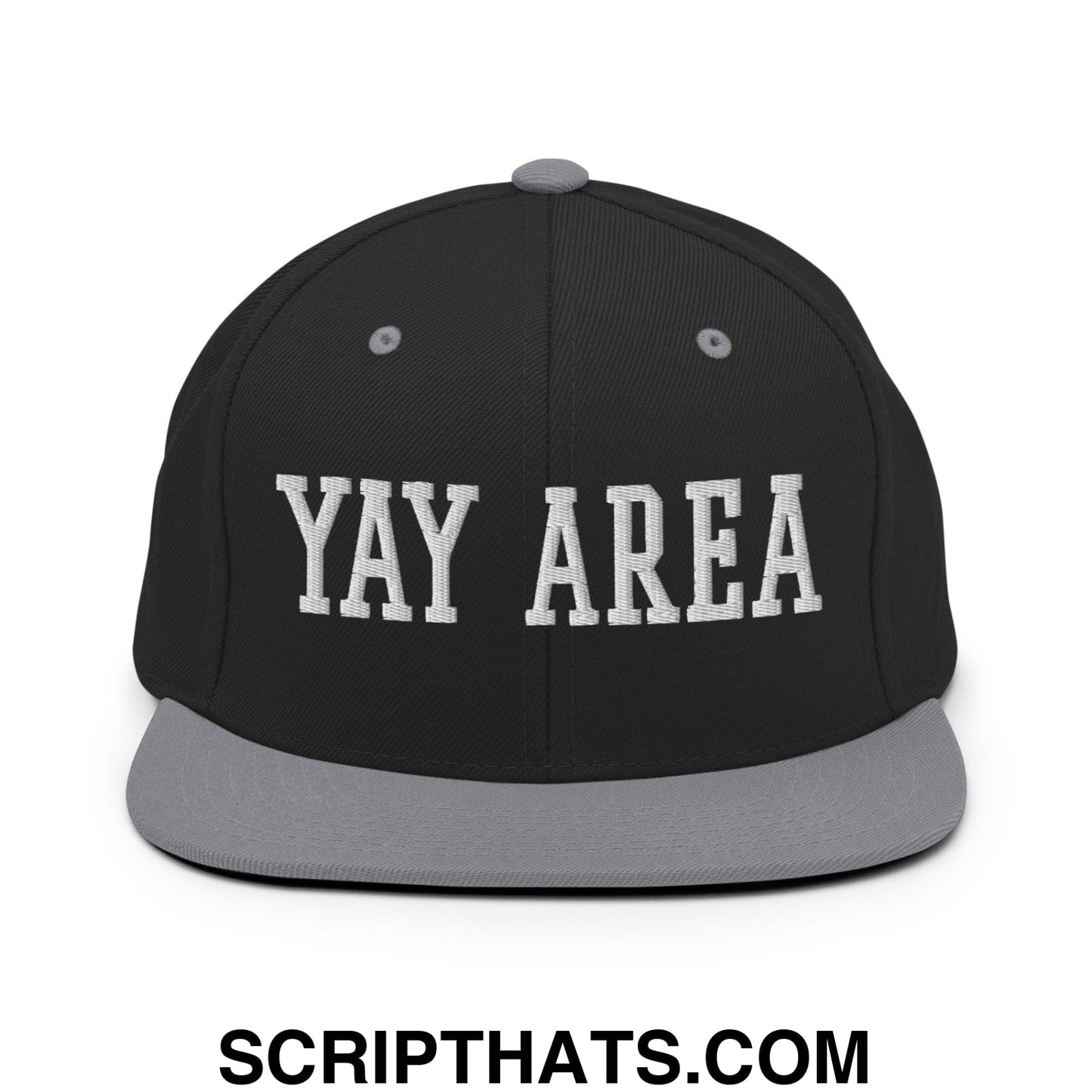 Yay Area Varsity College Block Embroidered Flat Bill Brim Snapback Hat Black Silver