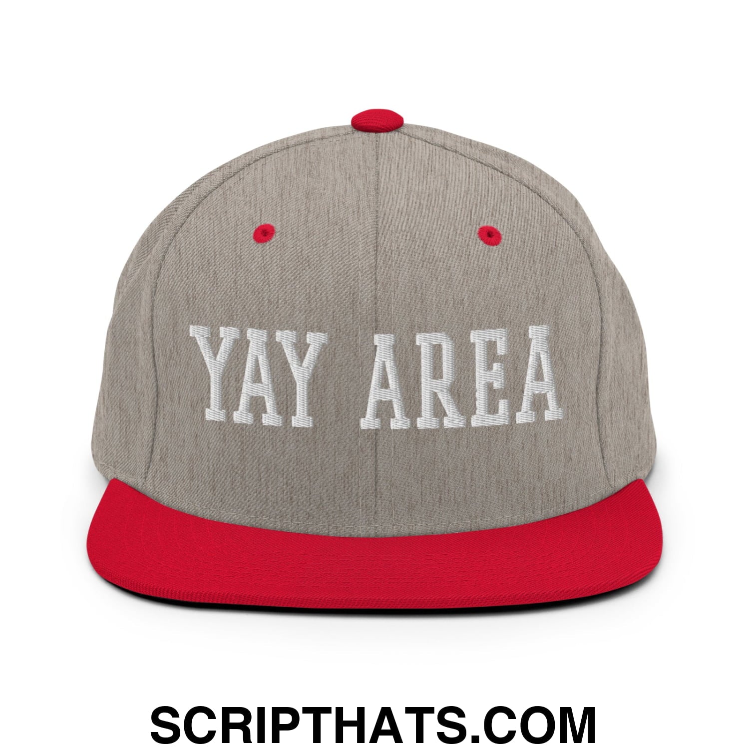 Yay Area Varsity College Block Embroidered Flat Bill Brim Snapback Hat Heather Grey Red