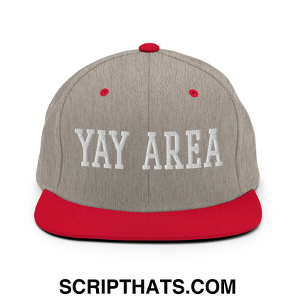 Yay Area Varsity College Block Embroidered Flat Bill Brim Snapback Hat Heather Grey Red