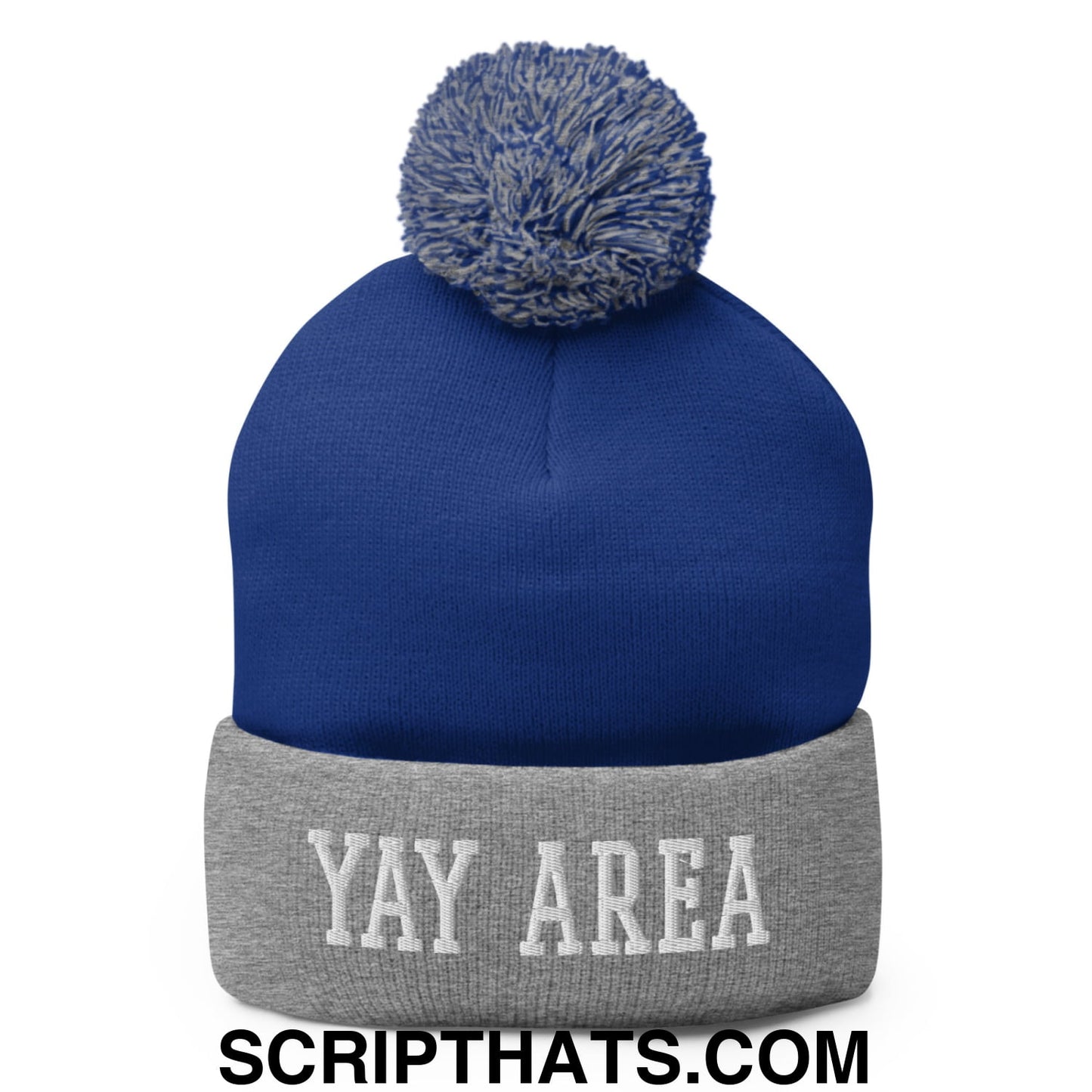 Yay Area Varsity College Block Embroidered Knit Pom Pom Beanie Royal Heather Grey