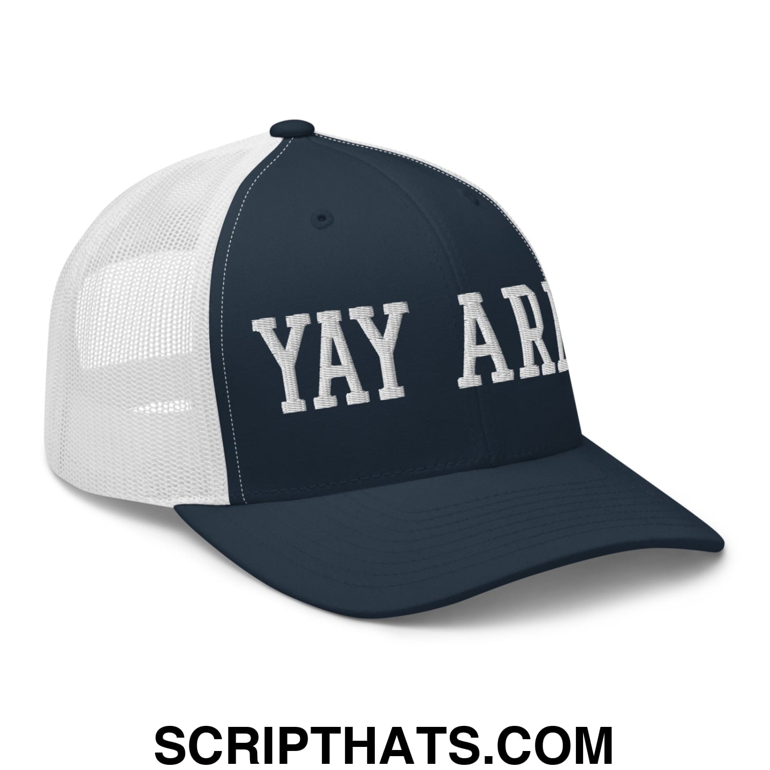 Yay Area Varsity College Block Embroidered Mesh Trucker Hat Navy White