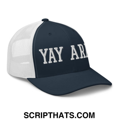 Yay Area Varsity College Block Embroidered Mesh Trucker Hat Navy White