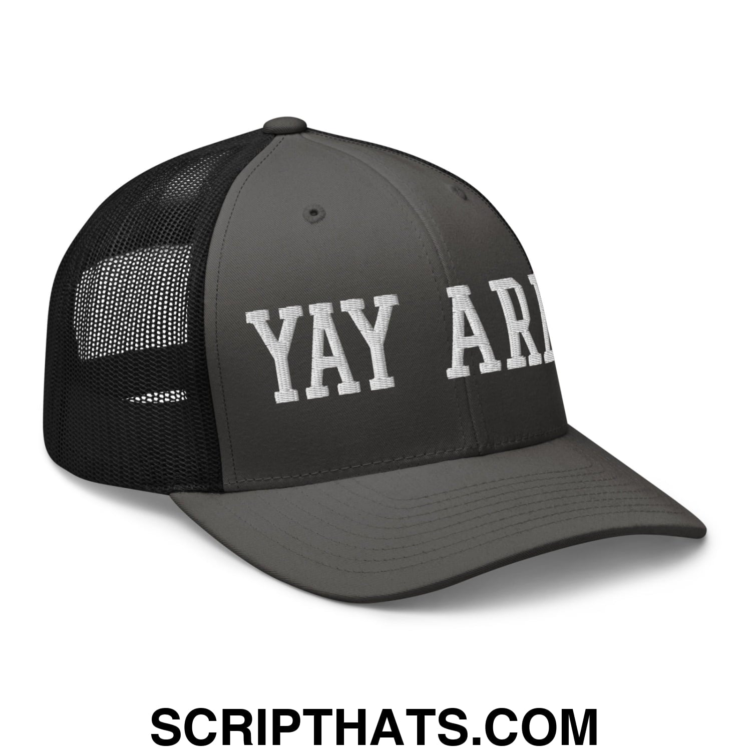 Yay Area Varsity College Block Embroidered Mesh Trucker Hat Charcoal Black