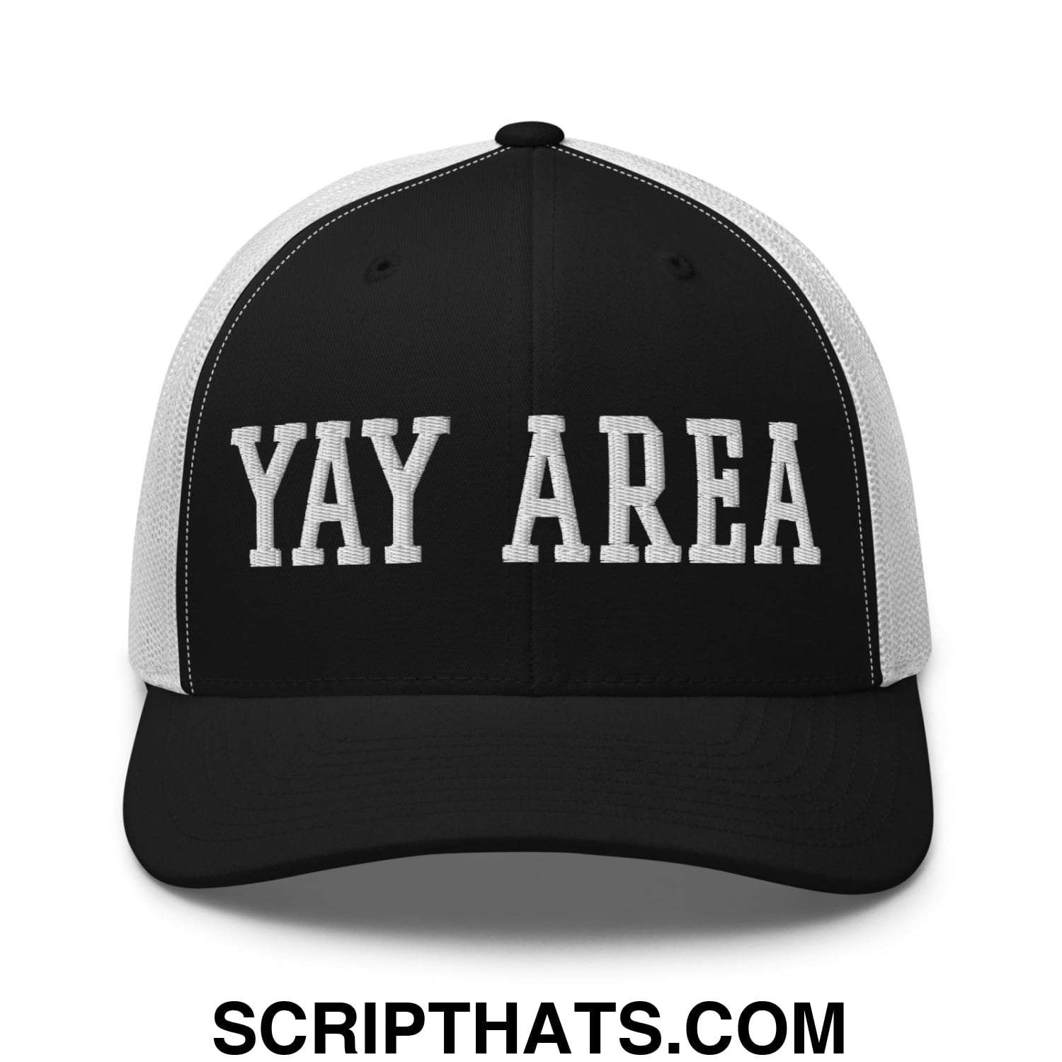 Yay Area Varsity College Block Embroidered Mesh Trucker Hat Black White
