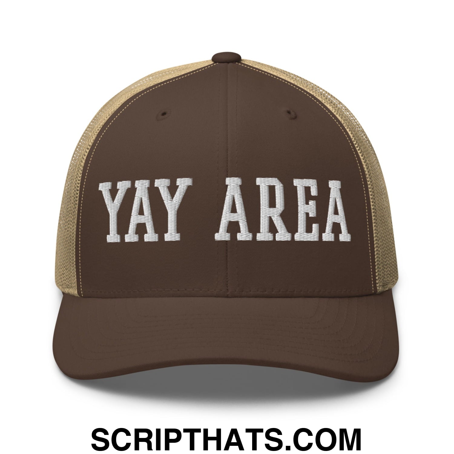 Yay Area Varsity College Block Embroidered Mesh Trucker Hat Brown Khaki