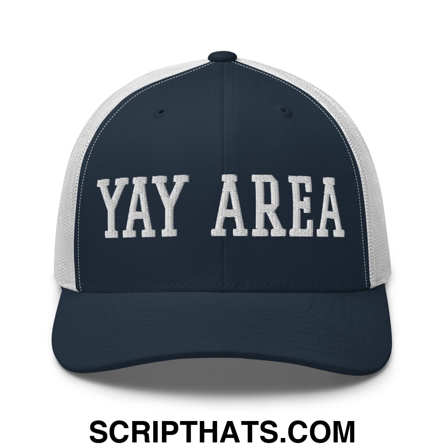 Yay Area Varsity College Block Embroidered Mesh Trucker Hat Navy White
