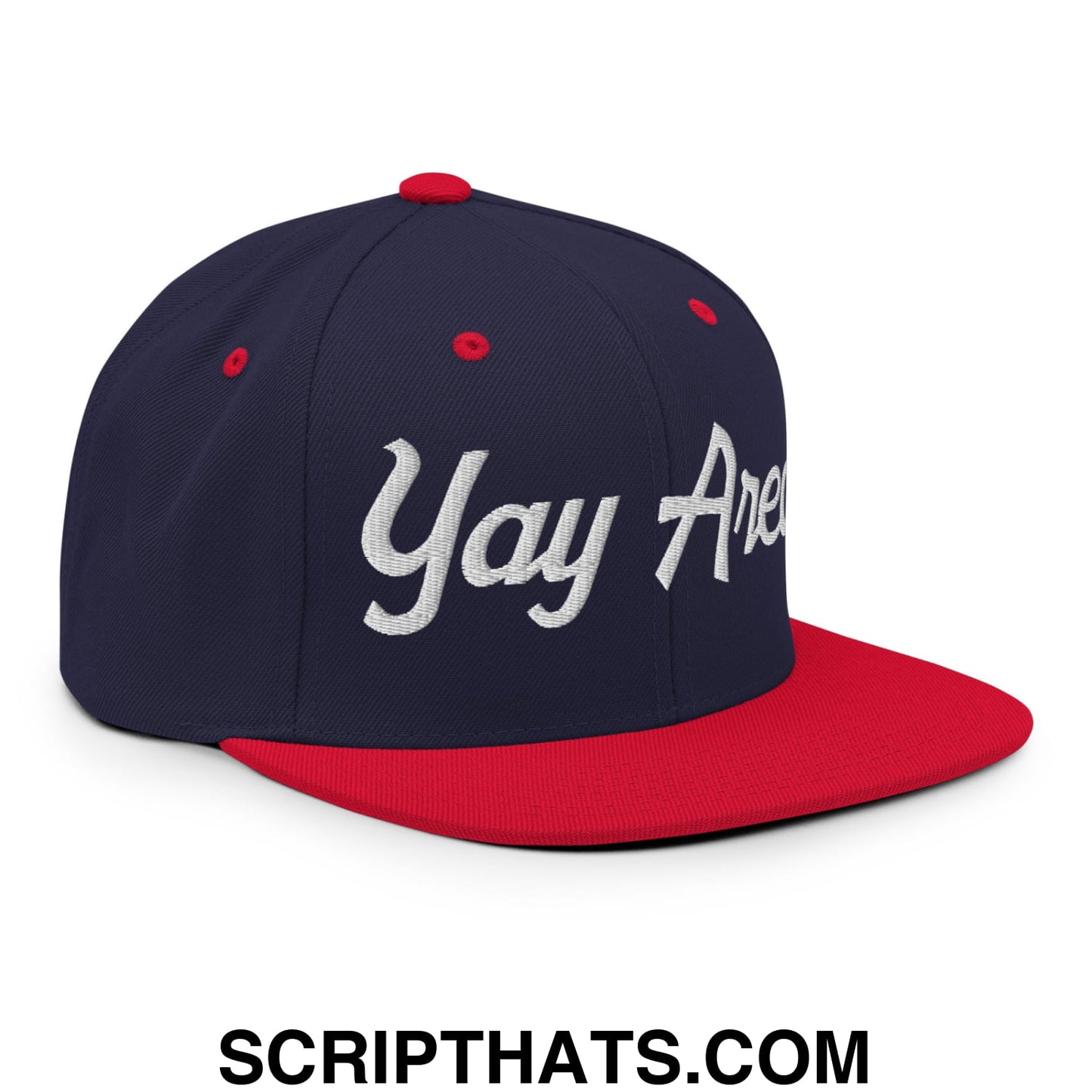 Yay Area Vintage Sports Script Embroidered Flat Bill Brim Snapback Hat Navy Red
