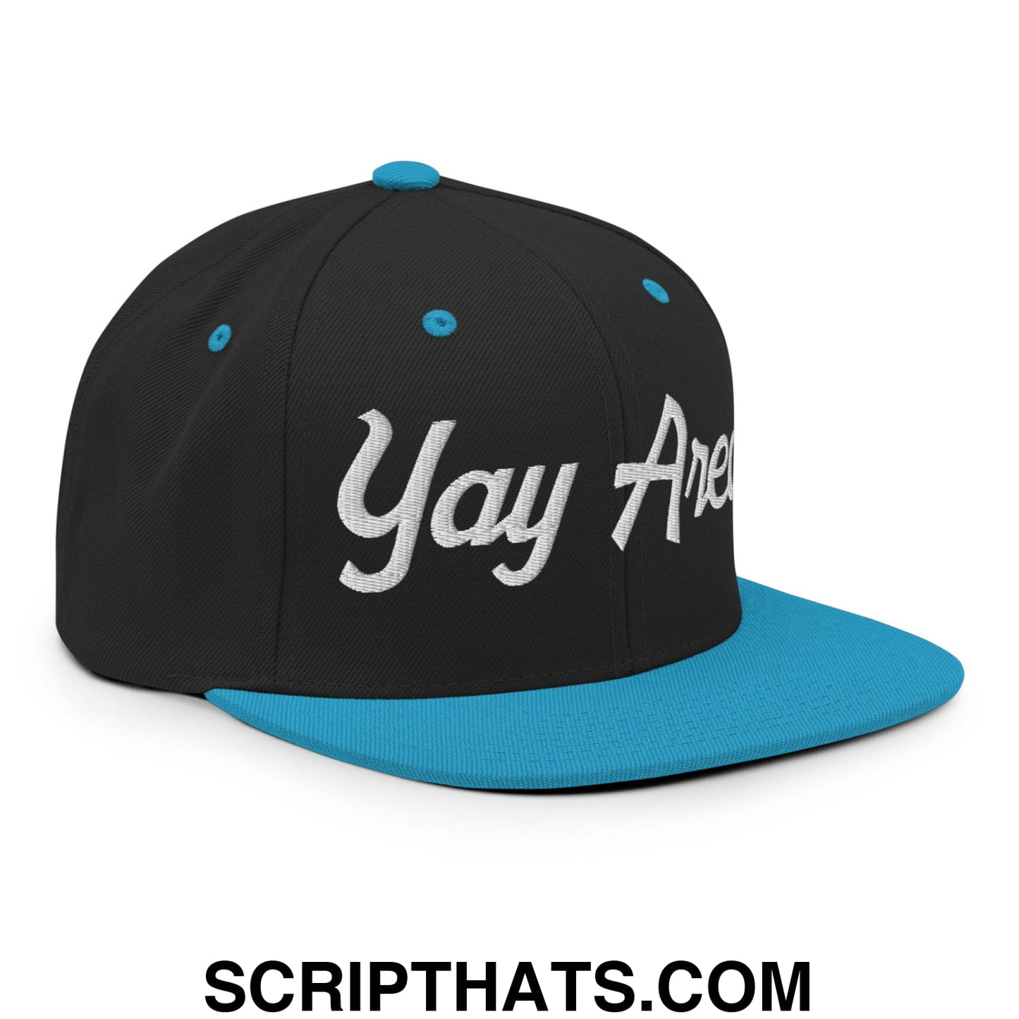 Yay Area Vintage Sports Script Embroidered Flat Bill Brim Snapback Hat Black Teal