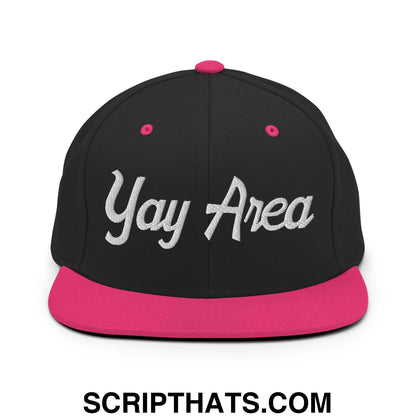 Yay Area Vintage Sports Script Embroidered Flat Bill Brim Snapback Hat Black Neon Pink