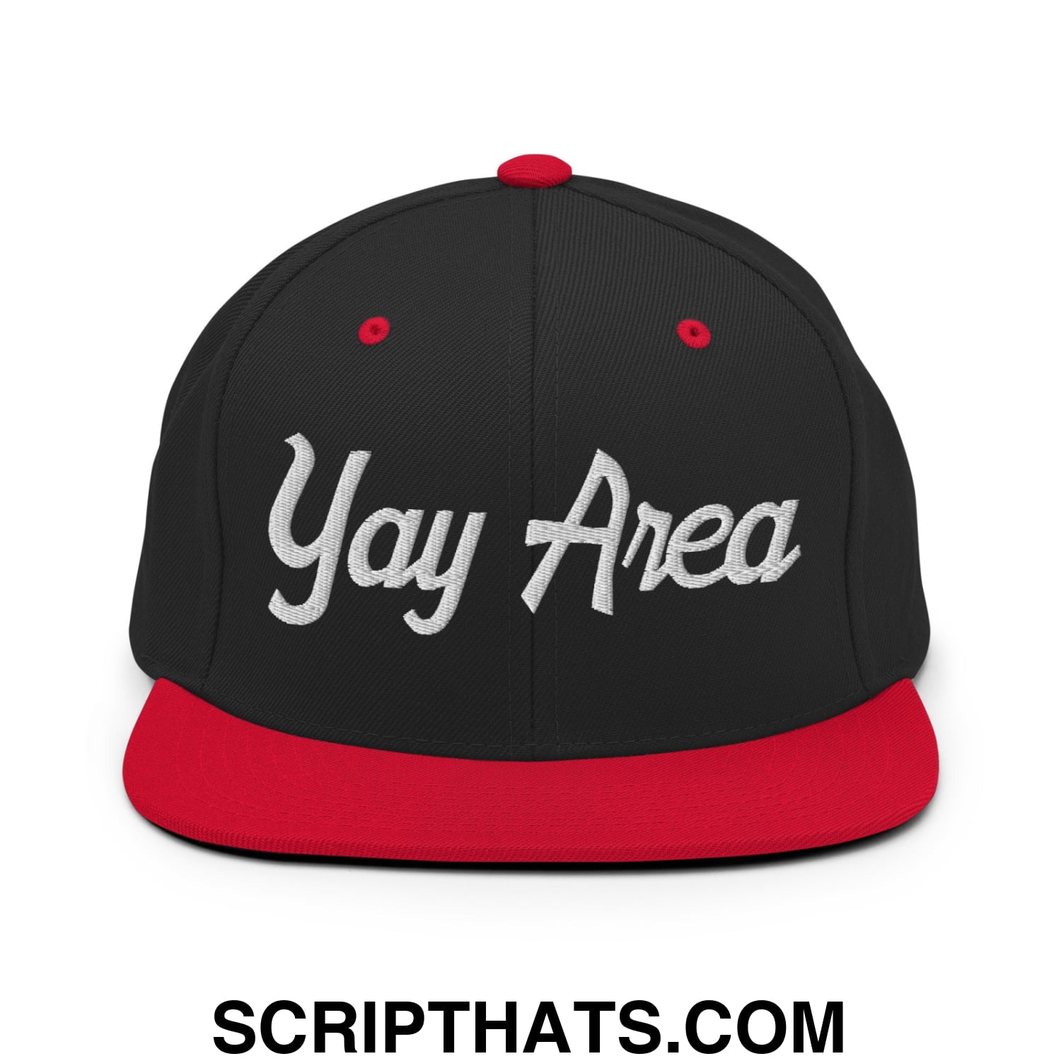 Yay Area Vintage Sports Script Embroidered Flat Bill Brim Snapback Hat Black Red
