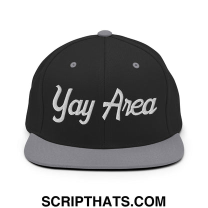 Yay Area Vintage Sports Script Embroidered Flat Bill Brim Snapback Hat Black Silver