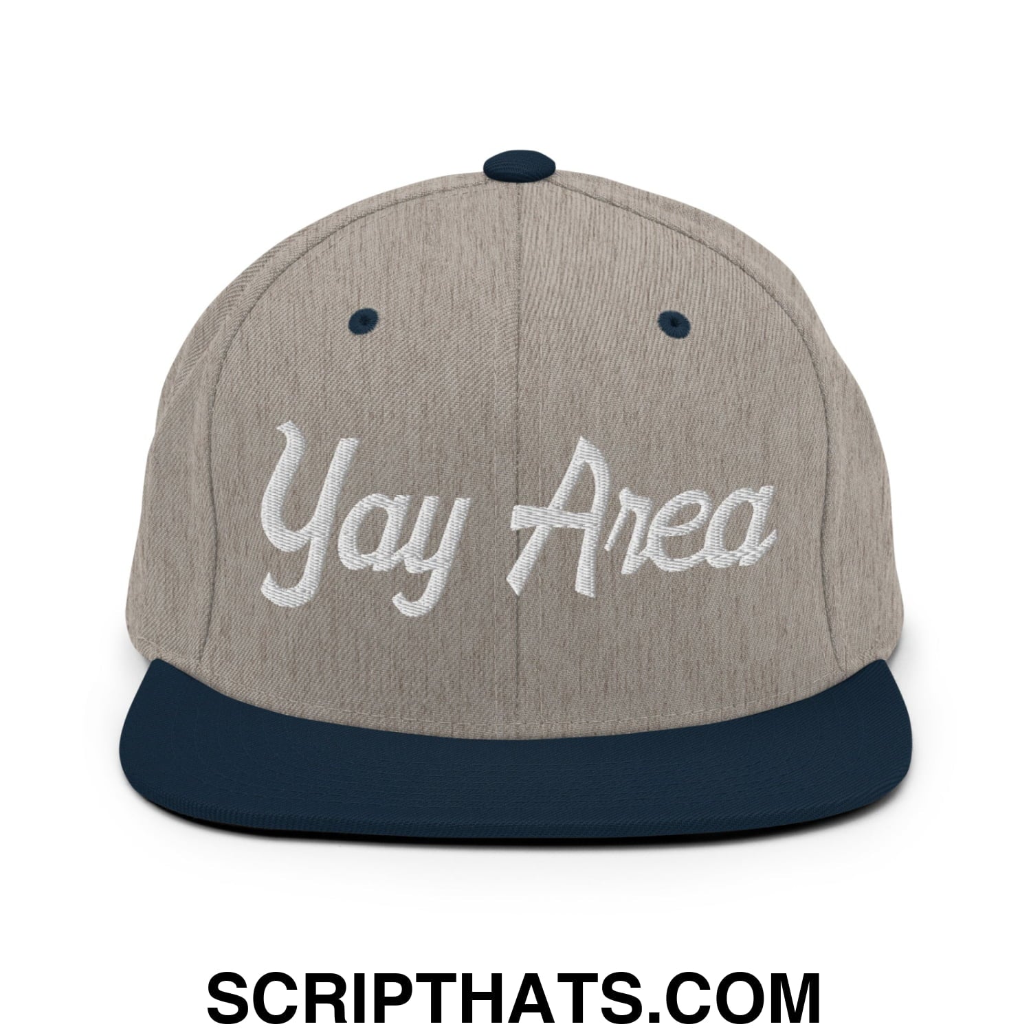 Yay Area Vintage Sports Script Embroidered Flat Bill Brim Snapback Hat Heather Grey Navy